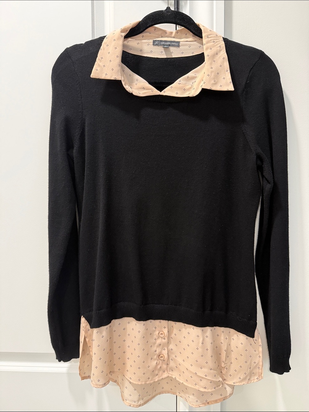 Adrianna Papell Black Knit Layered Sweater Top with Blush Collar Size Small